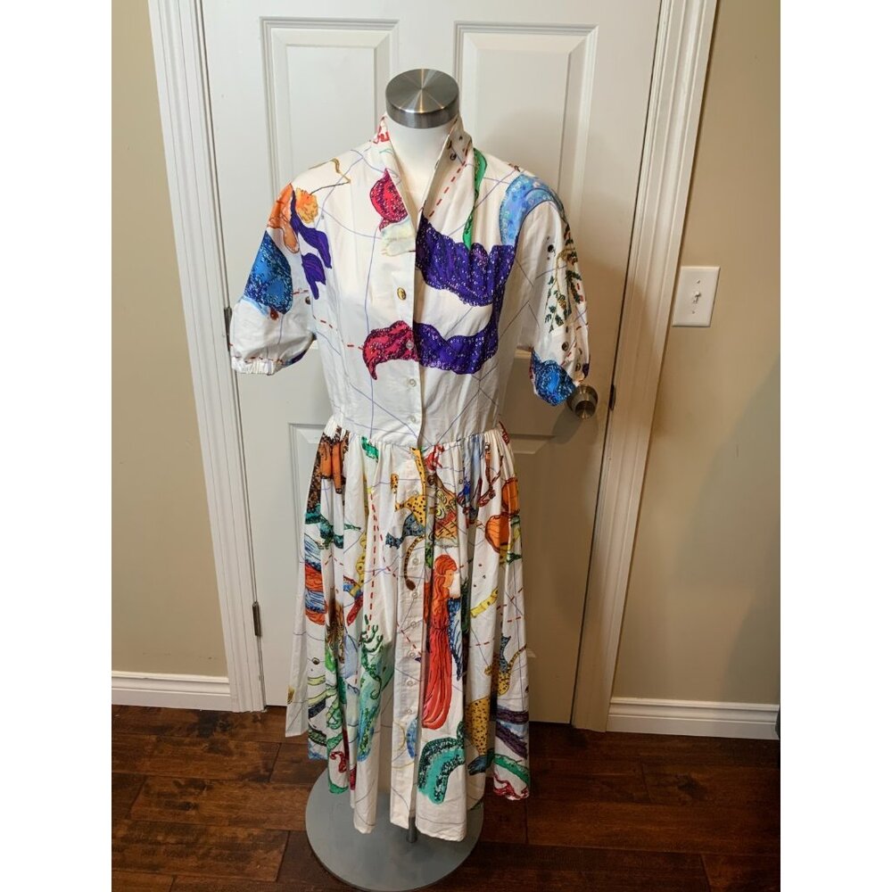 Stella Jean White Zoo Animal Print Short Sleeve Midi Shirt Dress, Size 10 | 44